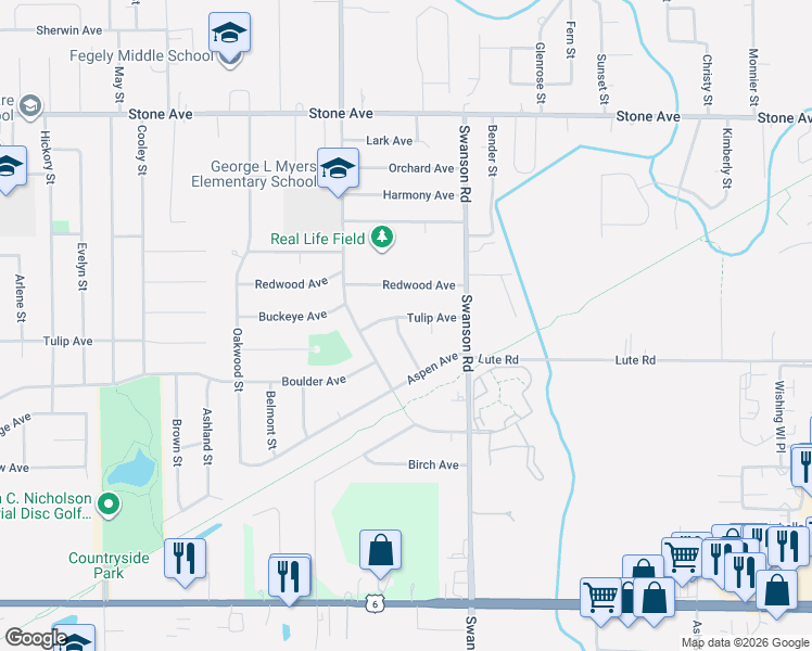 map of restaurants, bars, coffee shops, grocery stores, and more near 5577 Tulip Avenue in Portage