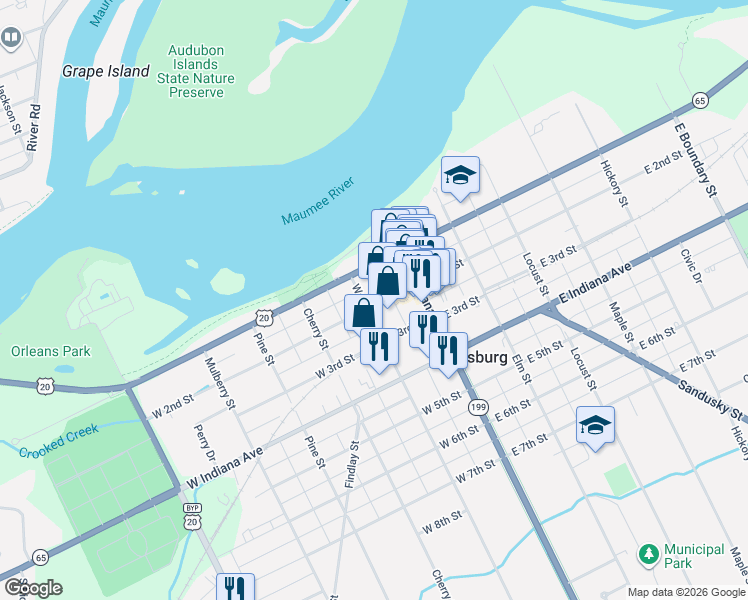 map of restaurants, bars, coffee shops, grocery stores, and more near 133 West 2nd Street in Perrysburg