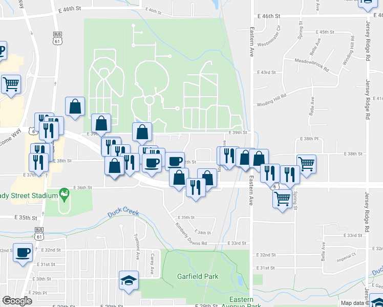 map of restaurants, bars, coffee shops, grocery stores, and more near 1226 College Avenue in Davenport