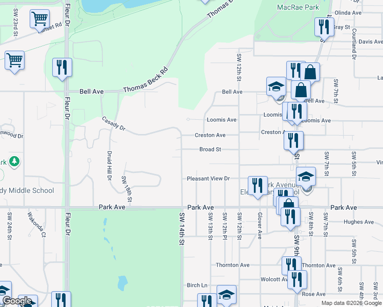 map of restaurants, bars, coffee shops, grocery stores, and more near 1334 Broad Street in Des Moines
