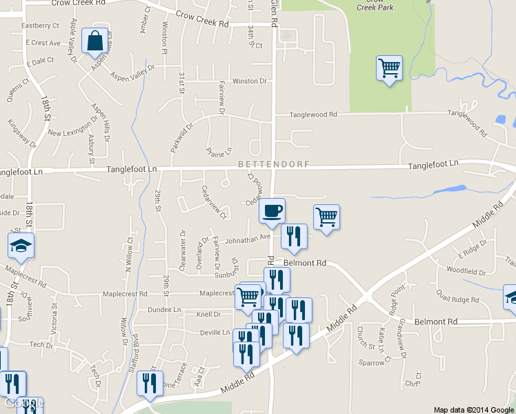 map of restaurants, bars, coffee shops, grocery stores, and more near 3621 Cedarwood Court in Bettendorf