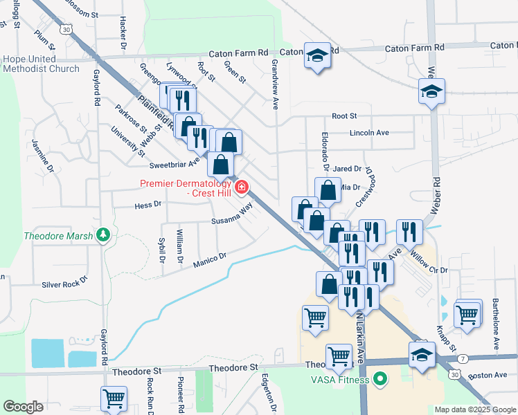 map of restaurants, bars, coffee shops, grocery stores, and more near 2005 Susanna Way in Crest Hill