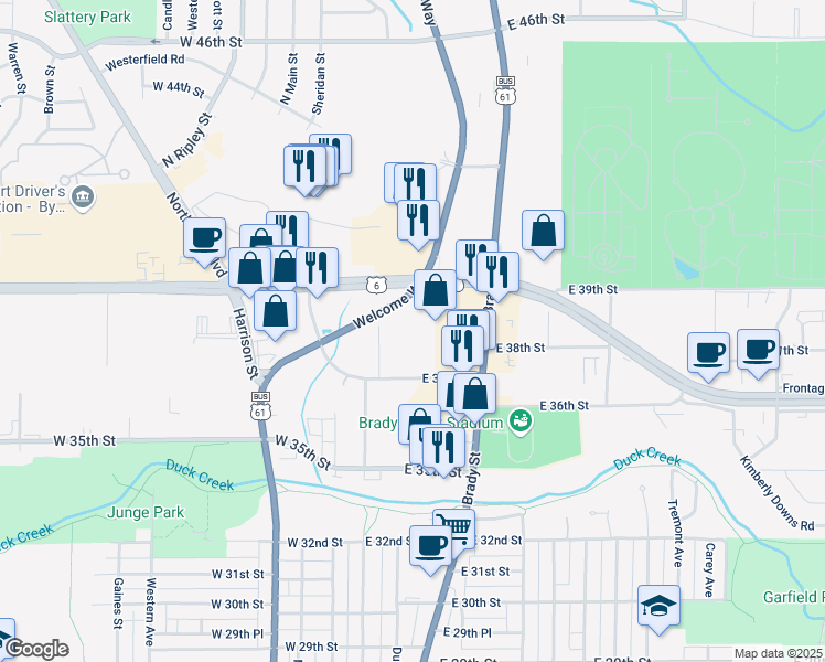 map of restaurants, bars, coffee shops, grocery stores, and more near 219 East Kimberly Road in Davenport