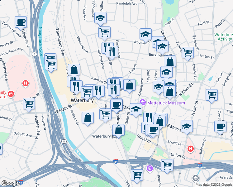 map of restaurants, bars, coffee shops, grocery stores, and more near 43 Willow Street in Waterbury