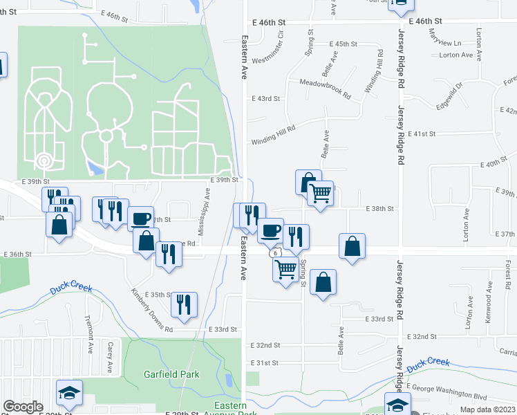 map of restaurants, bars, coffee shops, grocery stores, and more near 1810 East 38th Street Court in Davenport