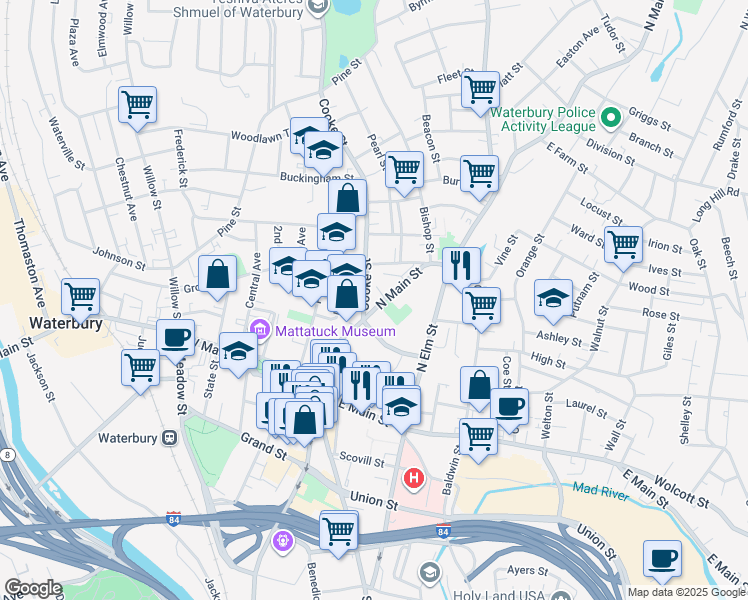 map of restaurants, bars, coffee shops, grocery stores, and more near 255 North Main Street in Waterbury