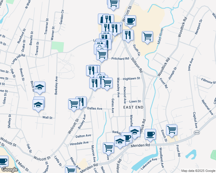 map of restaurants, bars, coffee shops, grocery stores, and more near 650 Wolcott Street in Waterbury