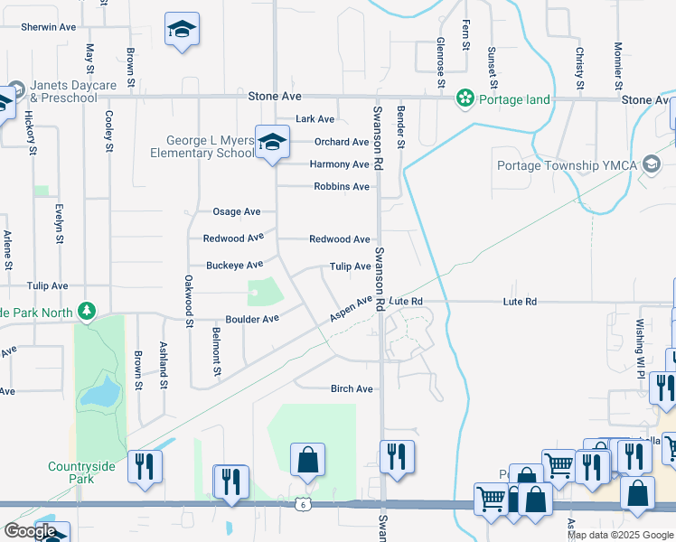 map of restaurants, bars, coffee shops, grocery stores, and more near 5577 Tulip Avenue in Portage