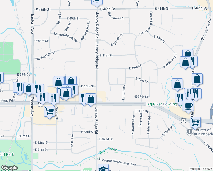 map of restaurants, bars, coffee shops, grocery stores, and more near 3800-3808 Ridgewood Drive in Davenport