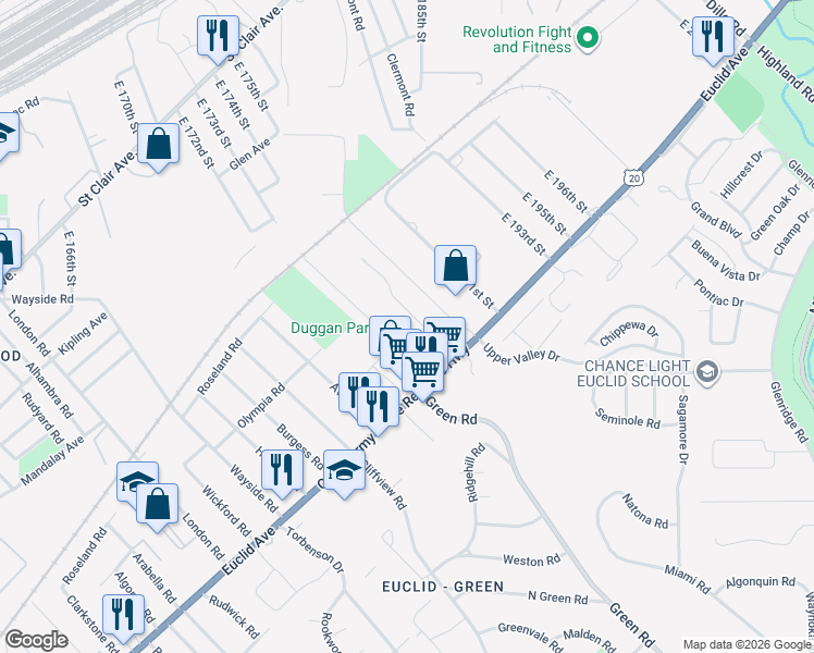 map of restaurants, bars, coffee shops, grocery stores, and more near 18423 Catalpa Road in Cleveland
