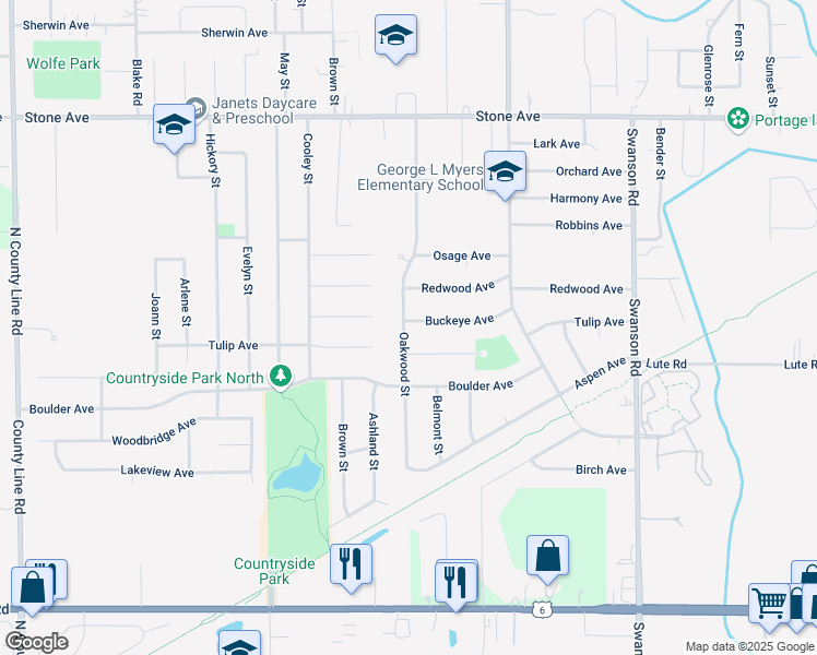 map of restaurants, bars, coffee shops, grocery stores, and more near 3211 Oakwood Street in Portage