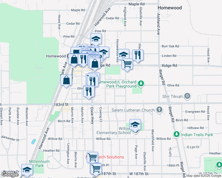map of restaurants, bars, coffee shops, grocery stores, and more near 1862 Olive Road in Homewood