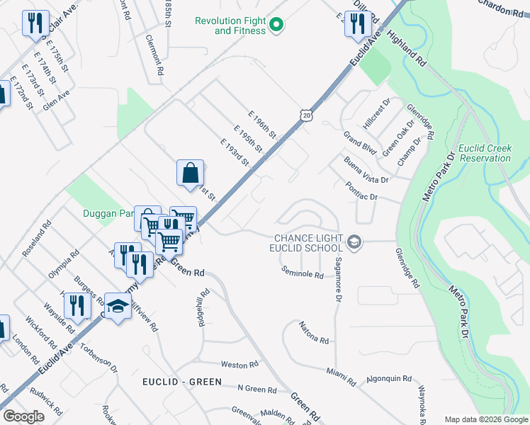 map of restaurants, bars, coffee shops, grocery stores, and more near 19229 Shawnee Drive in Euclid