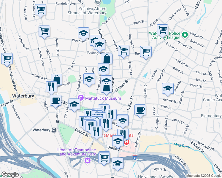 map of restaurants, bars, coffee shops, grocery stores, and more near 60 Linden Street in Waterbury