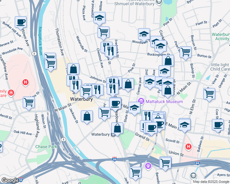 map of restaurants, bars, coffee shops, grocery stores, and more near 43 Willow Street in Waterbury