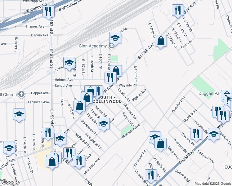 map of restaurants, bars, coffee shops, grocery stores, and more near 786 Alhambra Road in Cleveland