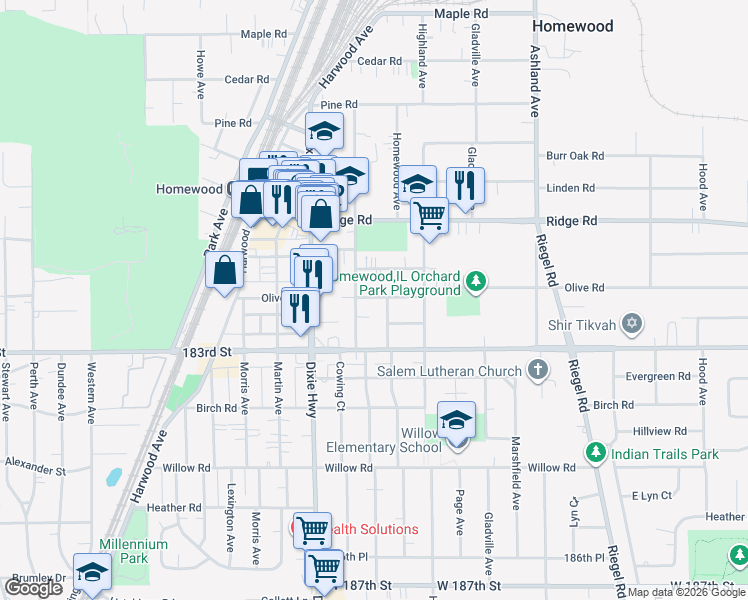 map of restaurants, bars, coffee shops, grocery stores, and more near 1862 Olive Road in Homewood
