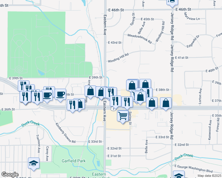 map of restaurants, bars, coffee shops, grocery stores, and more near 1810 East 38th Street Court in Davenport