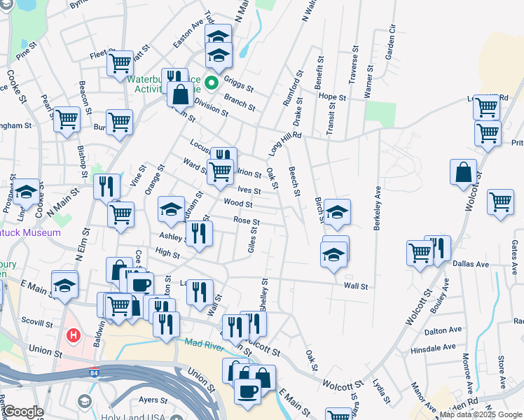 map of restaurants, bars, coffee shops, grocery stores, and more near 254 Wood Street in Waterbury