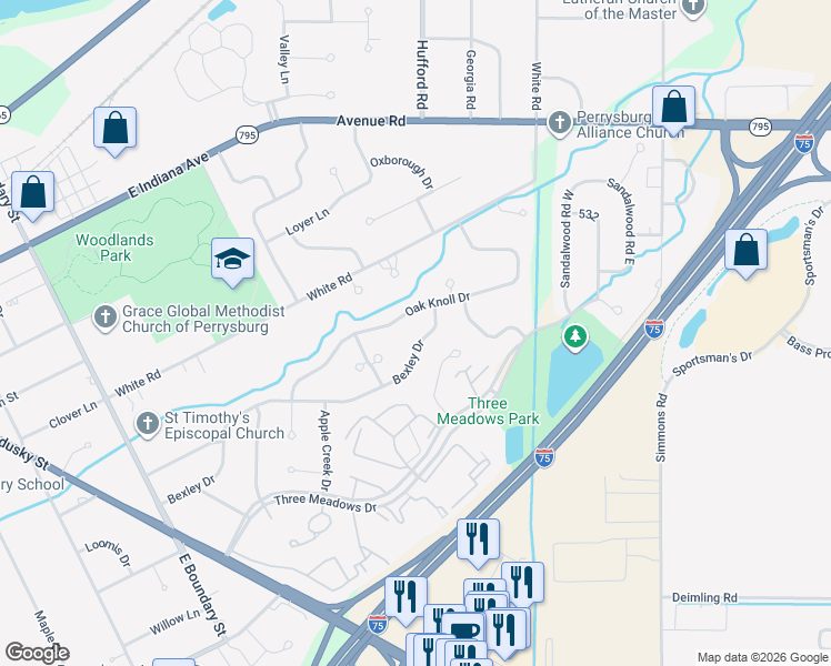 map of restaurants, bars, coffee shops, grocery stores, and more near 952 Bexley Drive in Perrysburg