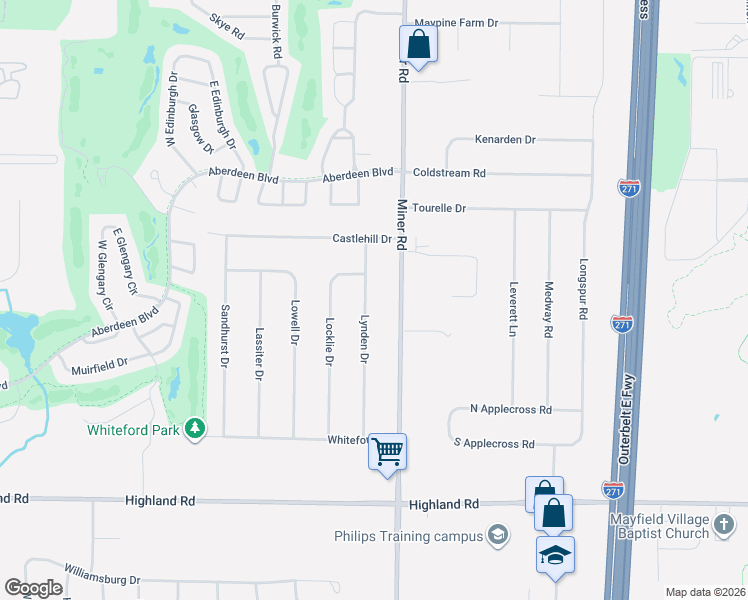 map of restaurants, bars, coffee shops, grocery stores, and more near 437 Lynden Drive in Highland Heights