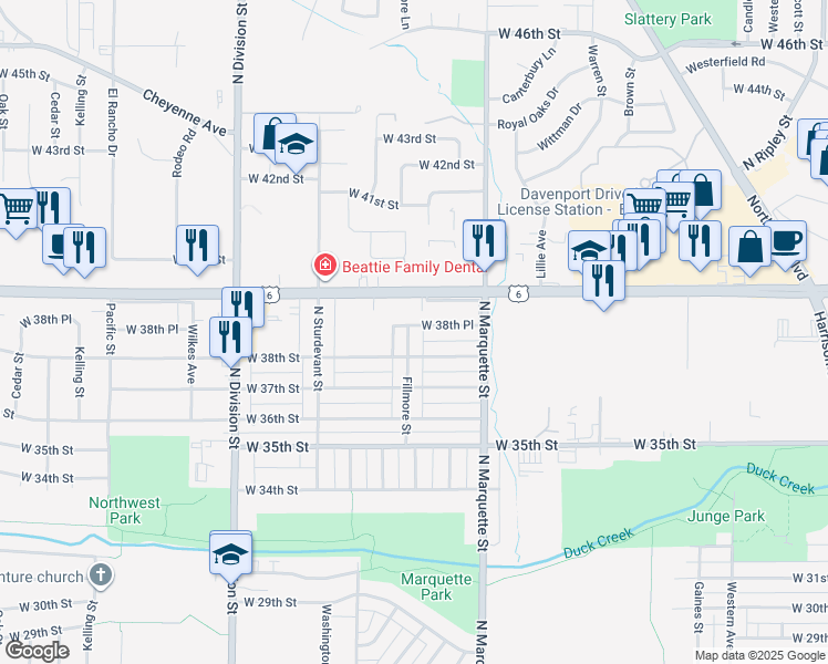 map of restaurants, bars, coffee shops, grocery stores, and more near 1369 West 38th Place in Davenport