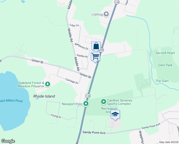 map of restaurants, bars, coffee shops, grocery stores, and more near 49 Evergreen Drive in Portsmouth