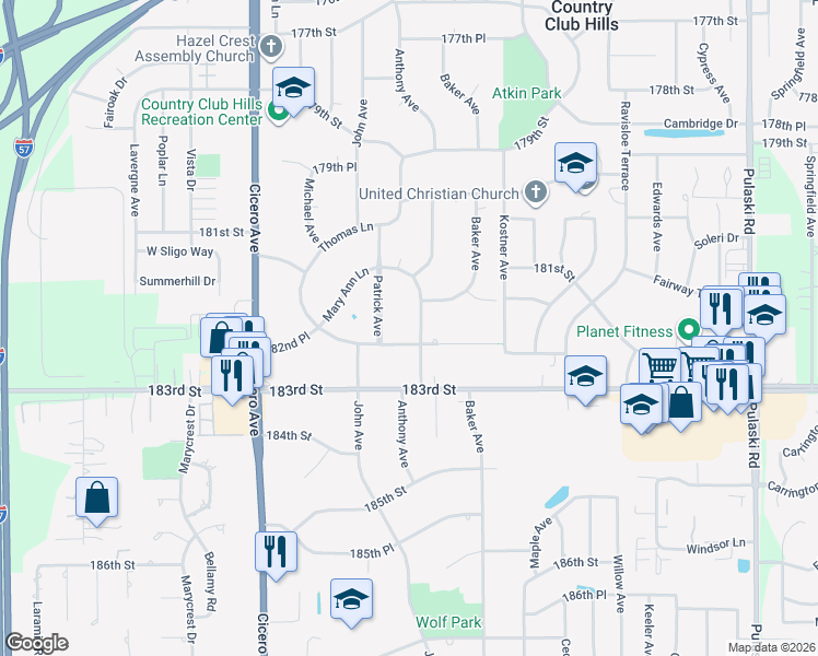 map of restaurants, bars, coffee shops, grocery stores, and more near 18221 Patrick Avenue in Country Club Hills