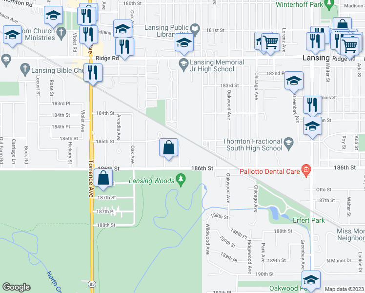 map of restaurants, bars, coffee shops, grocery stores, and more near 18509 Christina Drive in Lansing