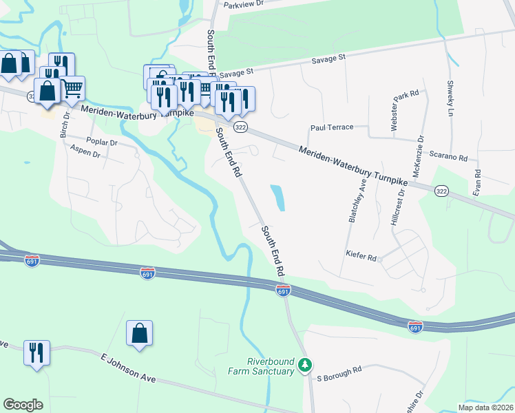 map of restaurants, bars, coffee shops, grocery stores, and more near 884 South End Road in Southington