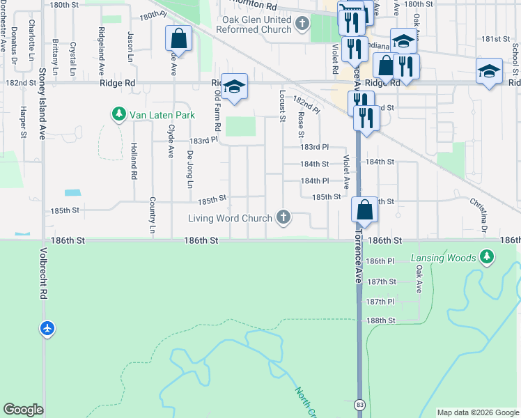 map of restaurants, bars, coffee shops, grocery stores, and more near 18519 Carriage Lane in Lansing