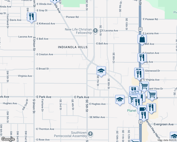 map of restaurants, bars, coffee shops, grocery stores, and more near 2907 Southeast 5th Street in Des Moines