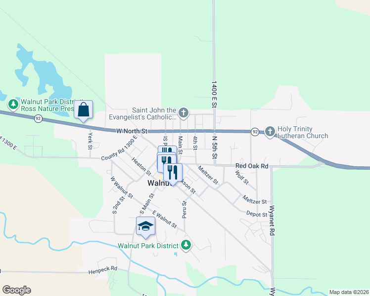 map of restaurants, bars, coffee shops, grocery stores, and more near 108 Main Street in Walnut