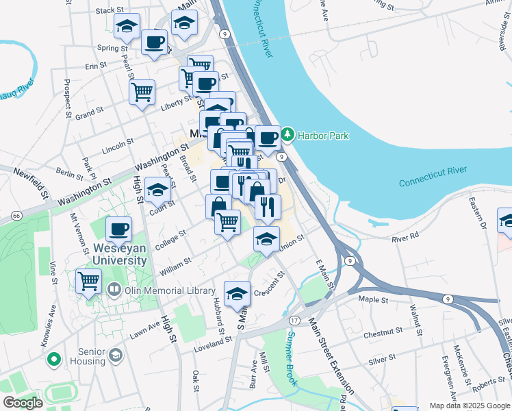 map of restaurants, bars, coffee shops, grocery stores, and more near 170 Main Street in Middletown