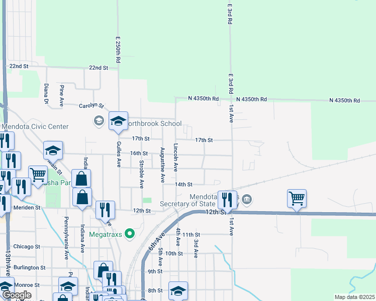 map of restaurants, bars, coffee shops, grocery stores, and more near 206 16th Street in Mendota