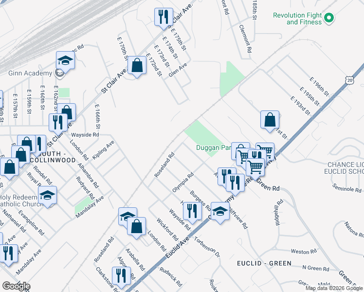 map of restaurants, bars, coffee shops, grocery stores, and more near 1630 Avalon Road in Cleveland