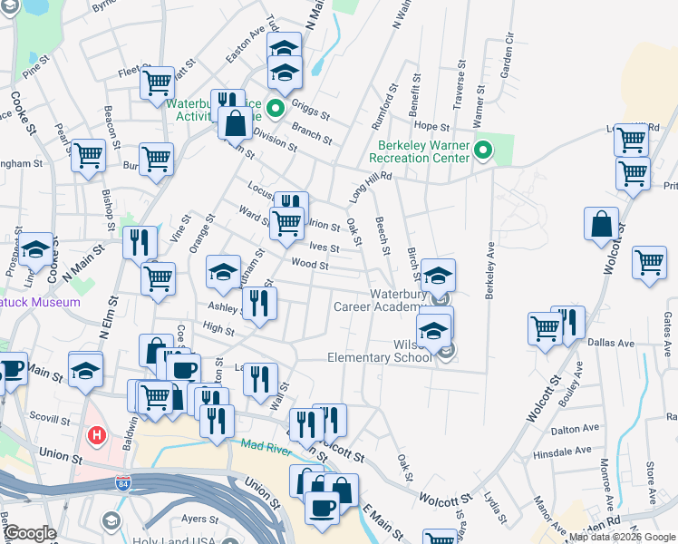 map of restaurants, bars, coffee shops, grocery stores, and more near 254 Wood Street in Waterbury