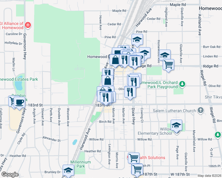 map of restaurants, bars, coffee shops, grocery stores, and more near 18201 Harwood Avenue in Homewood
