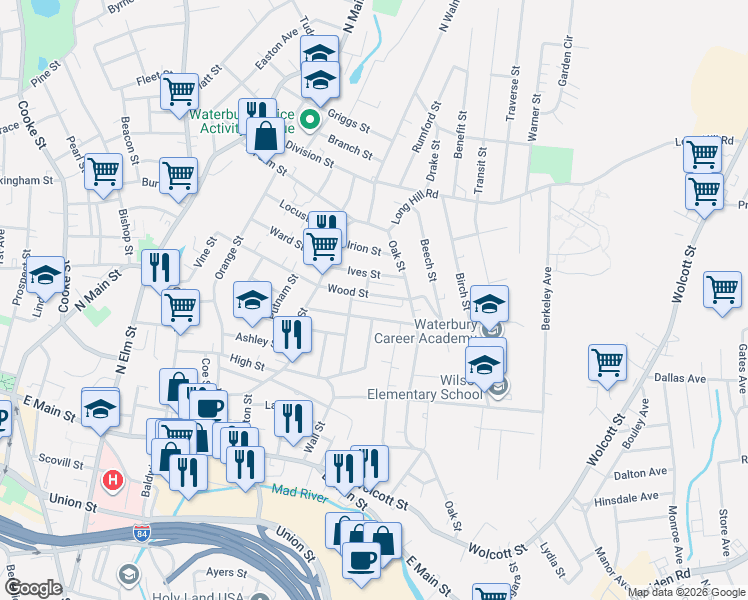map of restaurants, bars, coffee shops, grocery stores, and more near 200 Wood Street in Waterbury