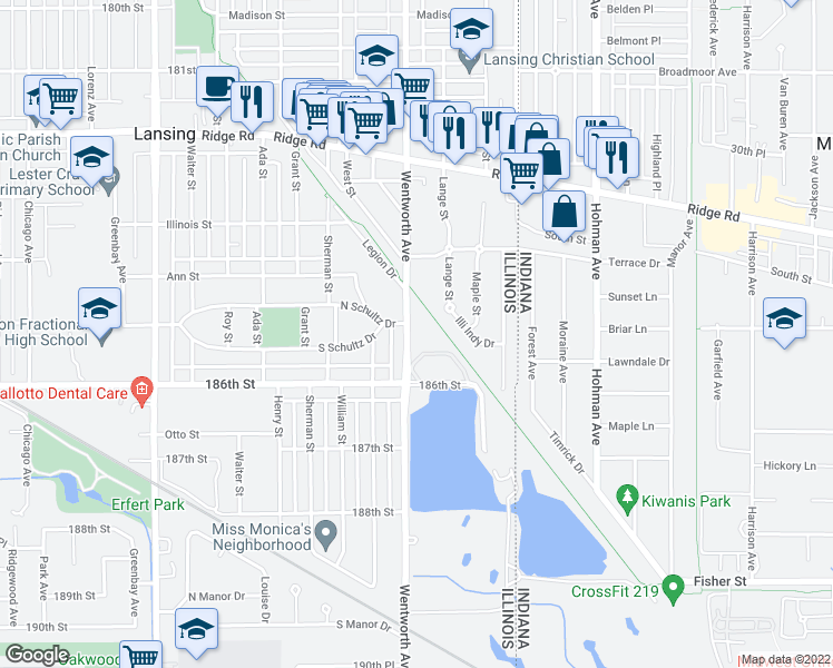 map of restaurants, bars, coffee shops, grocery stores, and more near 18551 Wentworth Avenue in Lansing