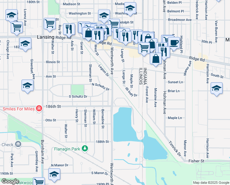 map of restaurants, bars, coffee shops, grocery stores, and more near 18551 Wentworth Avenue in Lansing