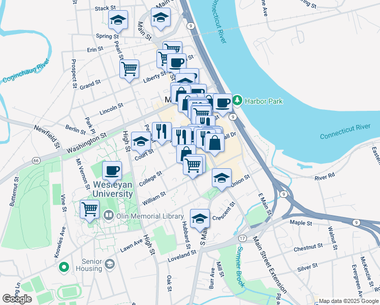 map of restaurants, bars, coffee shops, grocery stores, and more near 138 College Street in Middletown