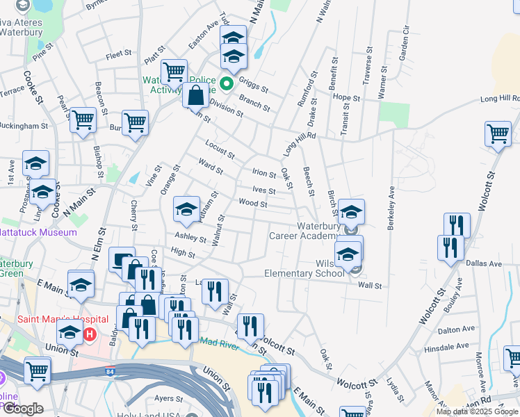 map of restaurants, bars, coffee shops, grocery stores, and more near 200 Wood Street in Waterbury