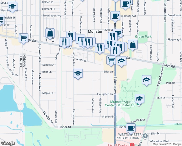 map of restaurants, bars, coffee shops, grocery stores, and more near 8504 Monroe Avenue in Munster