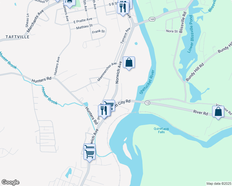 map of restaurants, bars, coffee shops, grocery stores, and more near 300 Norwich Avenue in Norwich