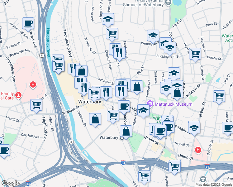 map of restaurants, bars, coffee shops, grocery stores, and more near 46 French Street in Waterbury