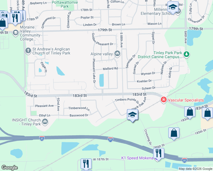 map of restaurants, bars, coffee shops, grocery stores, and more near 18214 Mockingbird Ln in Tinley Park