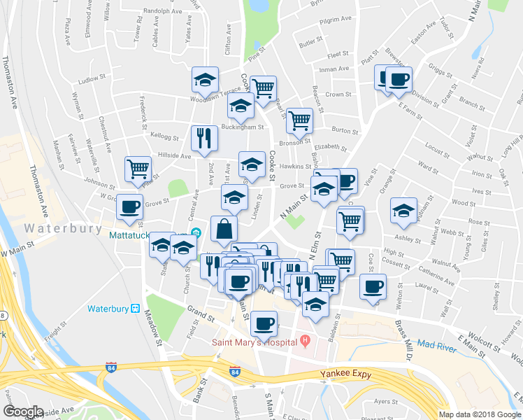 map of restaurants, bars, coffee shops, grocery stores, and more near 60 Linden Street in Waterbury