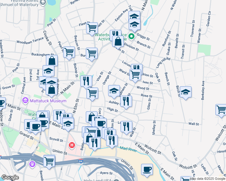 map of restaurants, bars, coffee shops, grocery stores, and more near 92 Dikeman Street in Waterbury