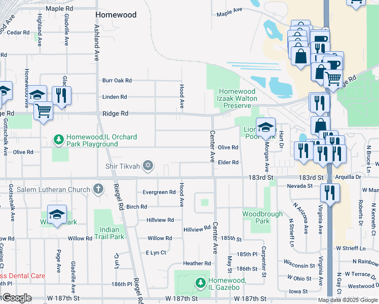 map of restaurants, bars, coffee shops, grocery stores, and more near 1253 Olive Road in Homewood